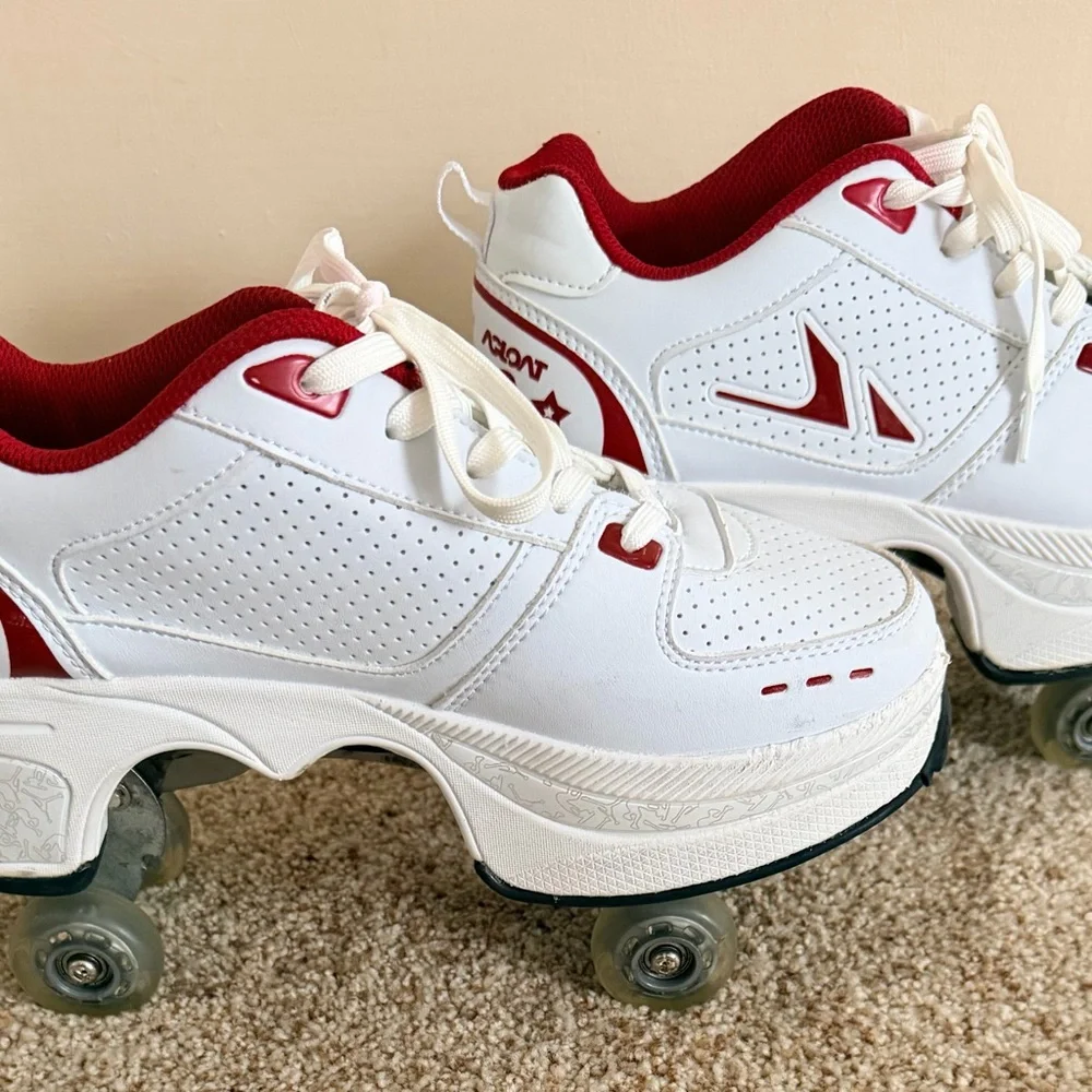 Afloat Skate Shoes Retractable Rollers Women’s Size 7.5 US White & Red VGC